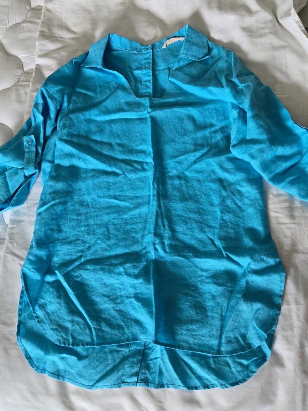 Soft Surroundings Teal Blue Tunic Top Button Detail Back - 100% Linen - M